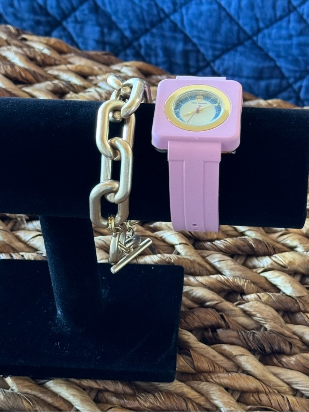 Tory Burch Izzie Watch Pink Silicone Square Watch with Gold Bezel 36 mm - Picture 13 of 15
